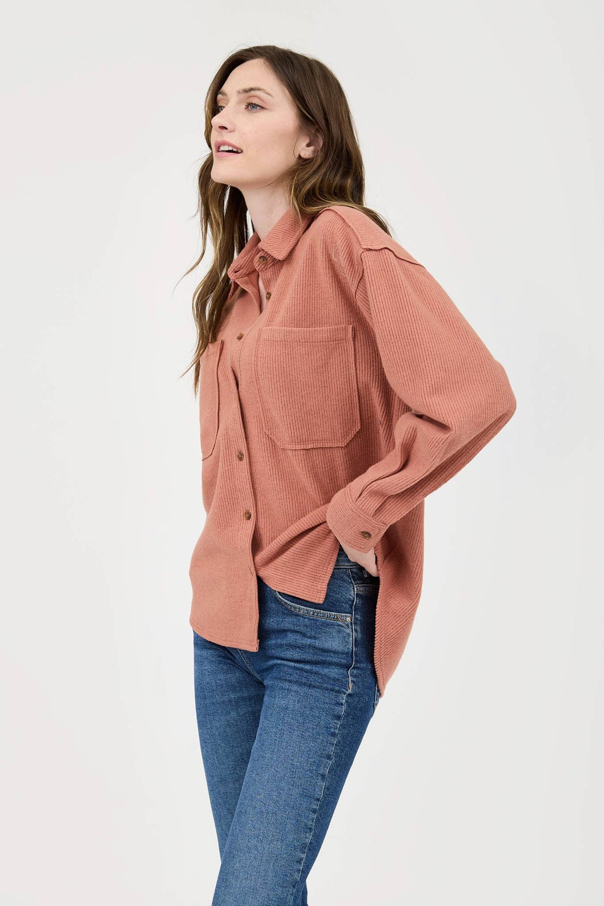 Ribbed Button-up Jacket- Terracotta