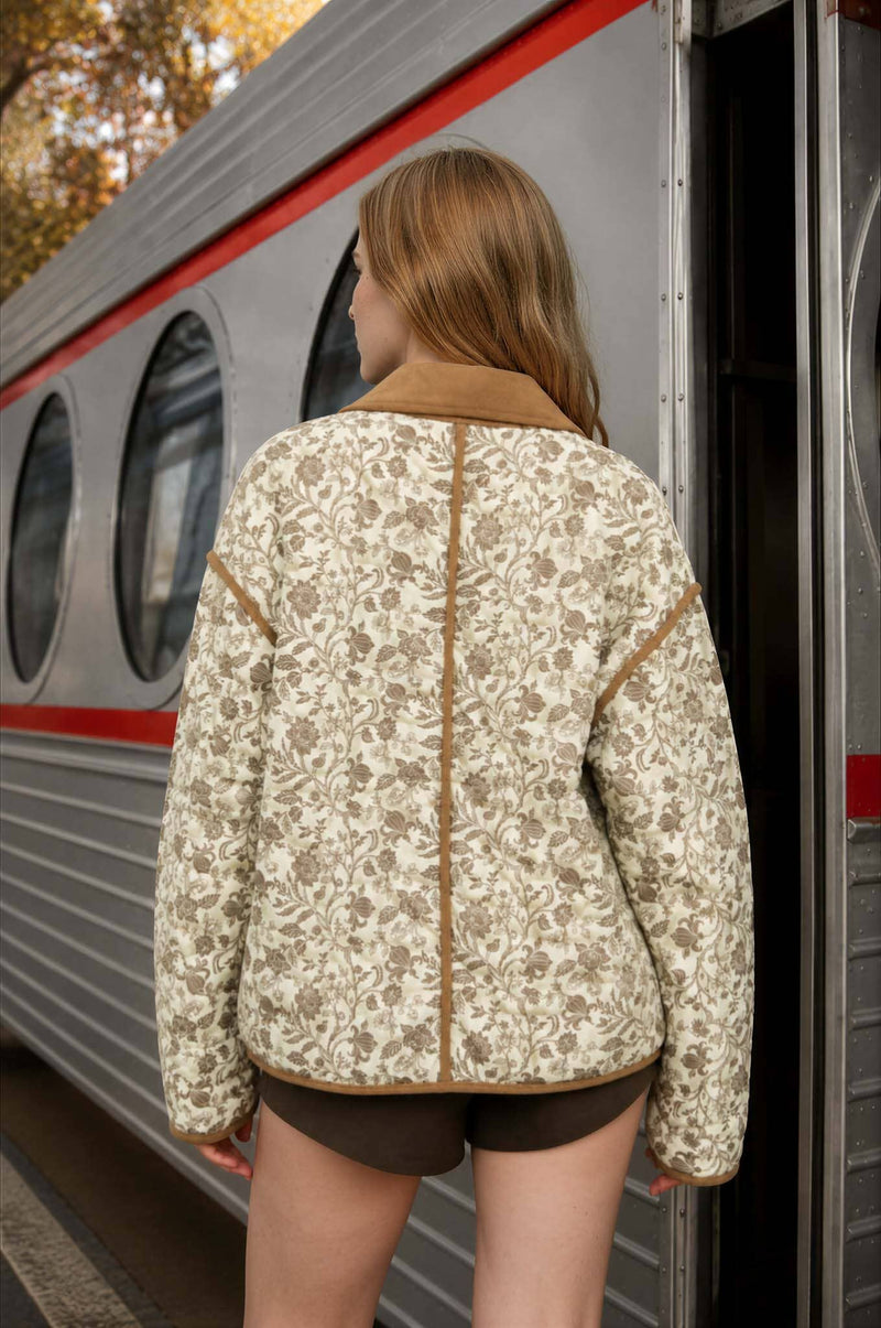 Floral Toile Collared Zip-up Quilted Jacket