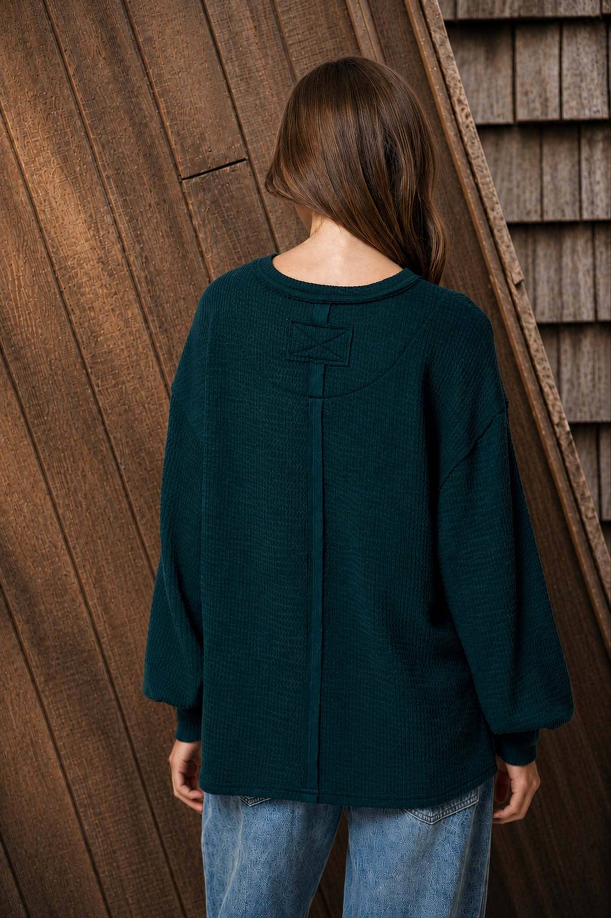 Textured Knit Long Sleeve Top- Navy