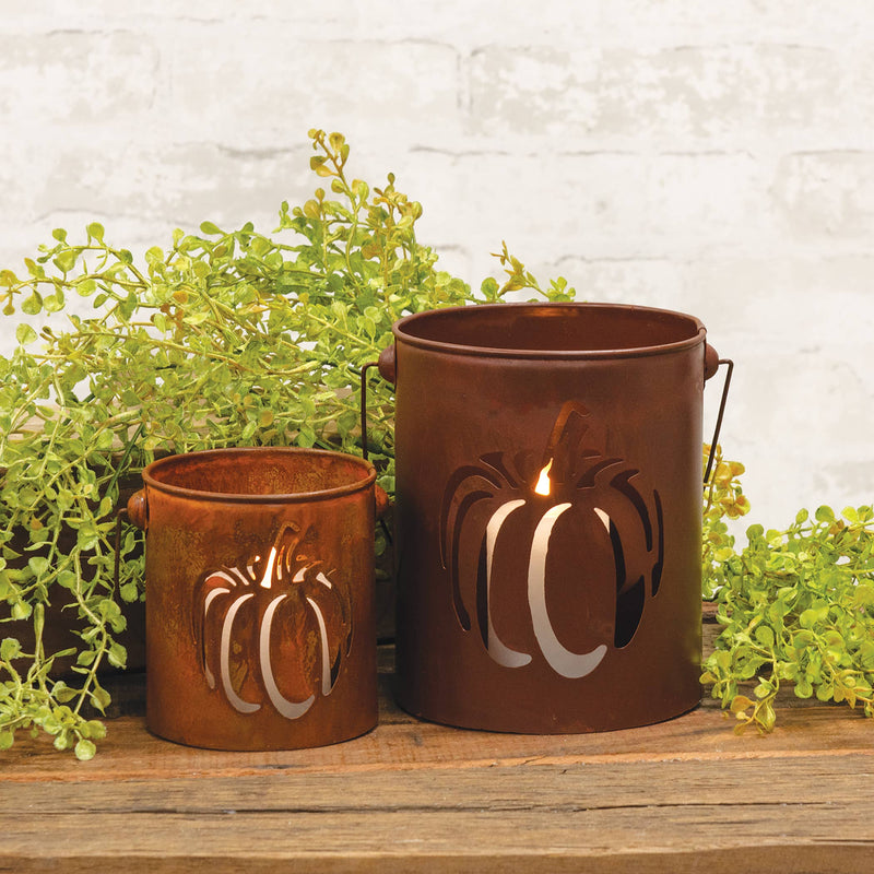 Set of 2, Rusty Metal Pumpkin Cutout Buckets
