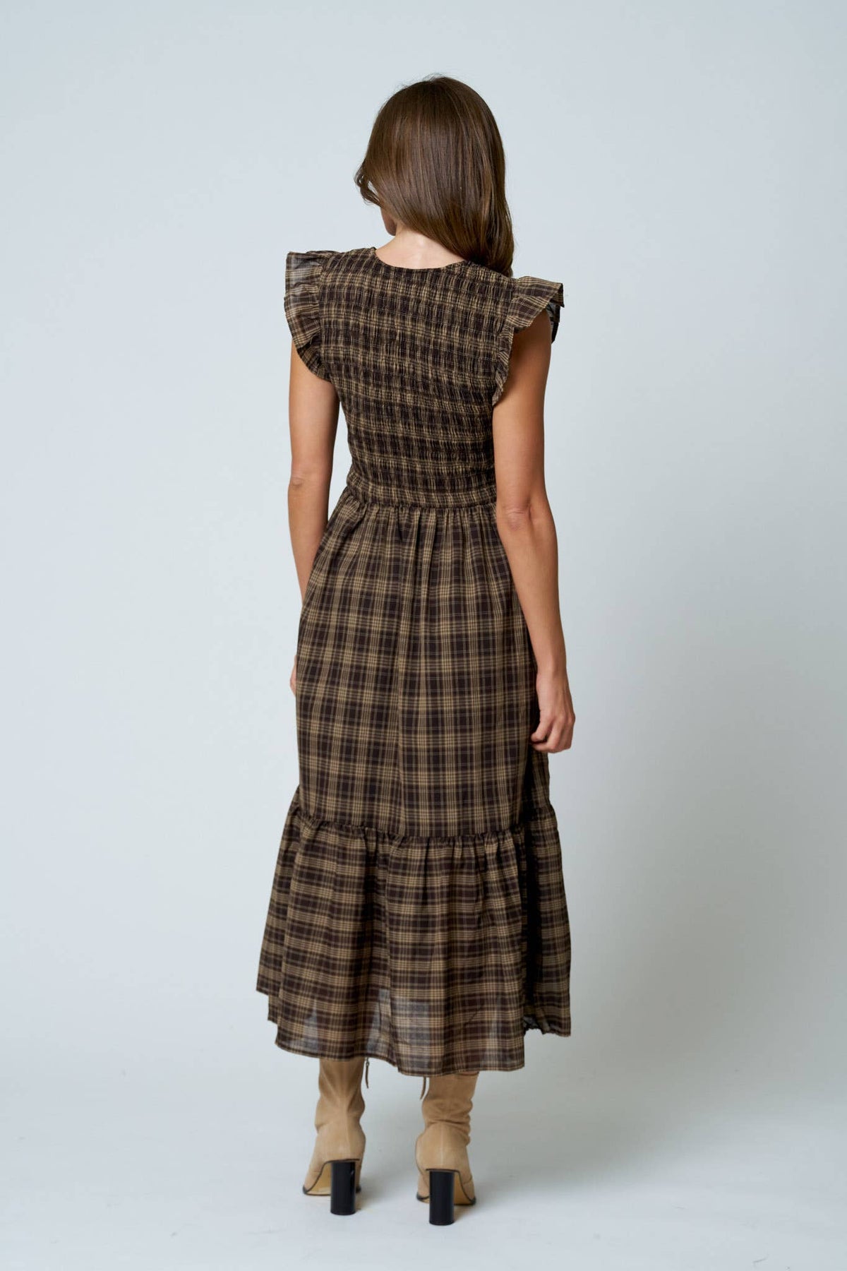 Plaid Smocked Ruffle Midi Dress