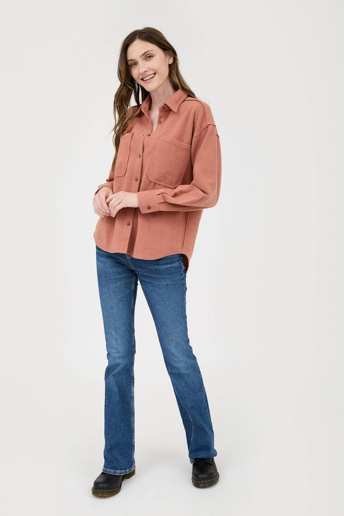 Ribbed Button-up Jacket- Terracotta