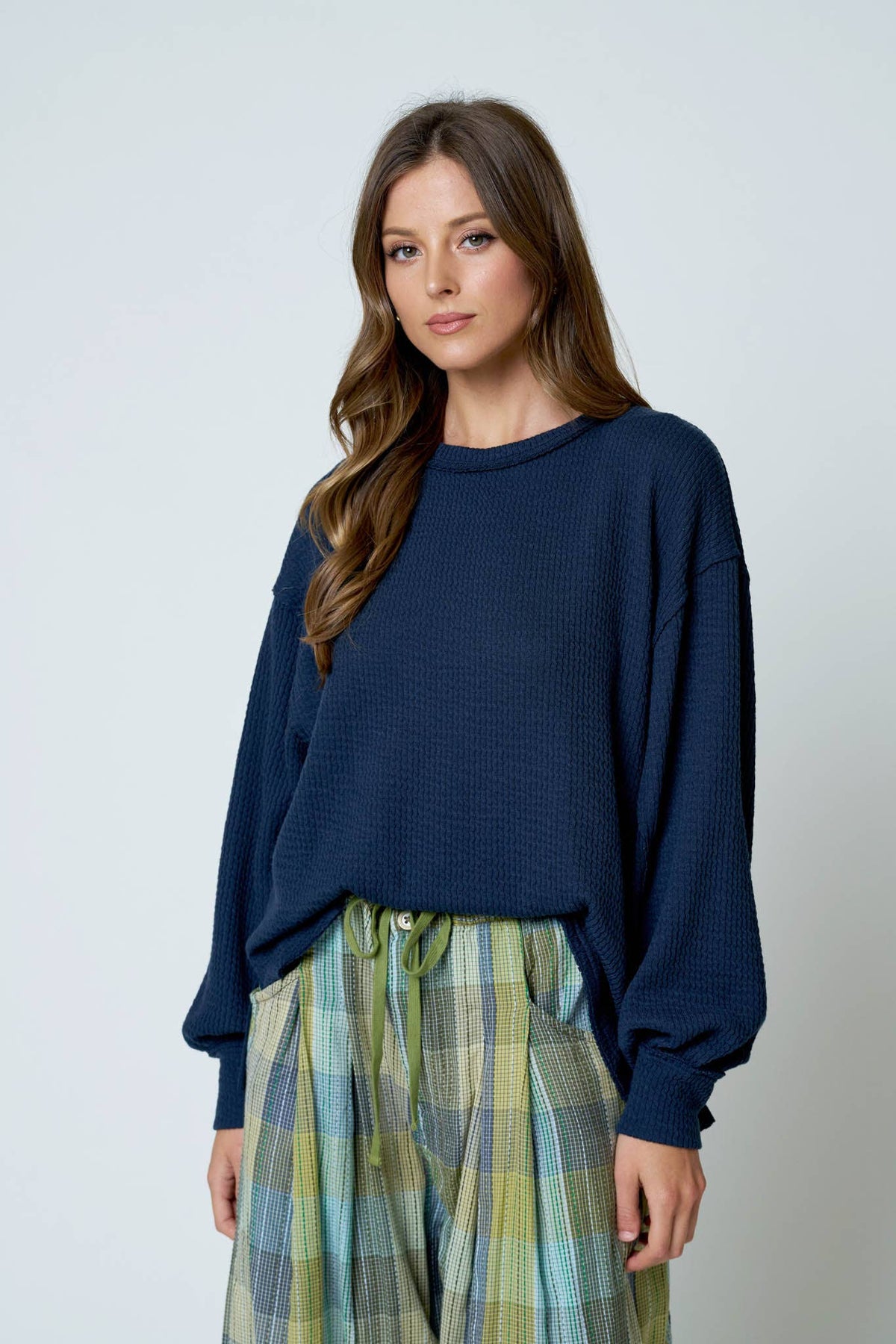 Textured Knit Long Sleeve Top- Navy