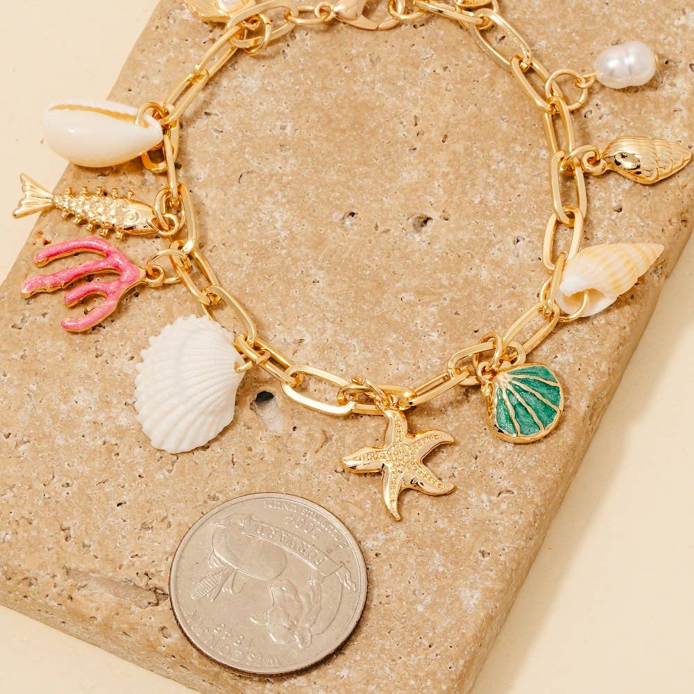Sea Life And Pearl Charms Chain Bracelet
