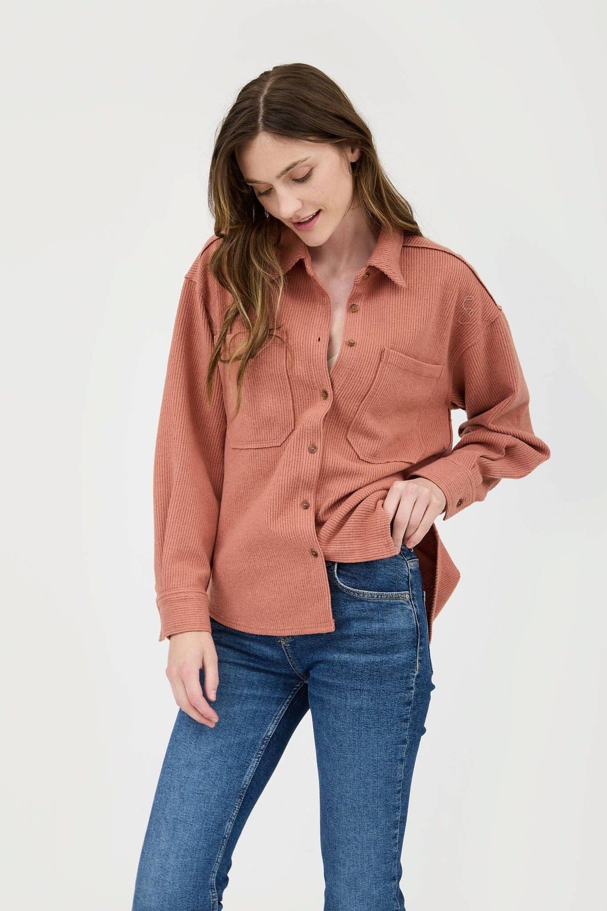 Ribbed Button-up Jacket- Terracotta
