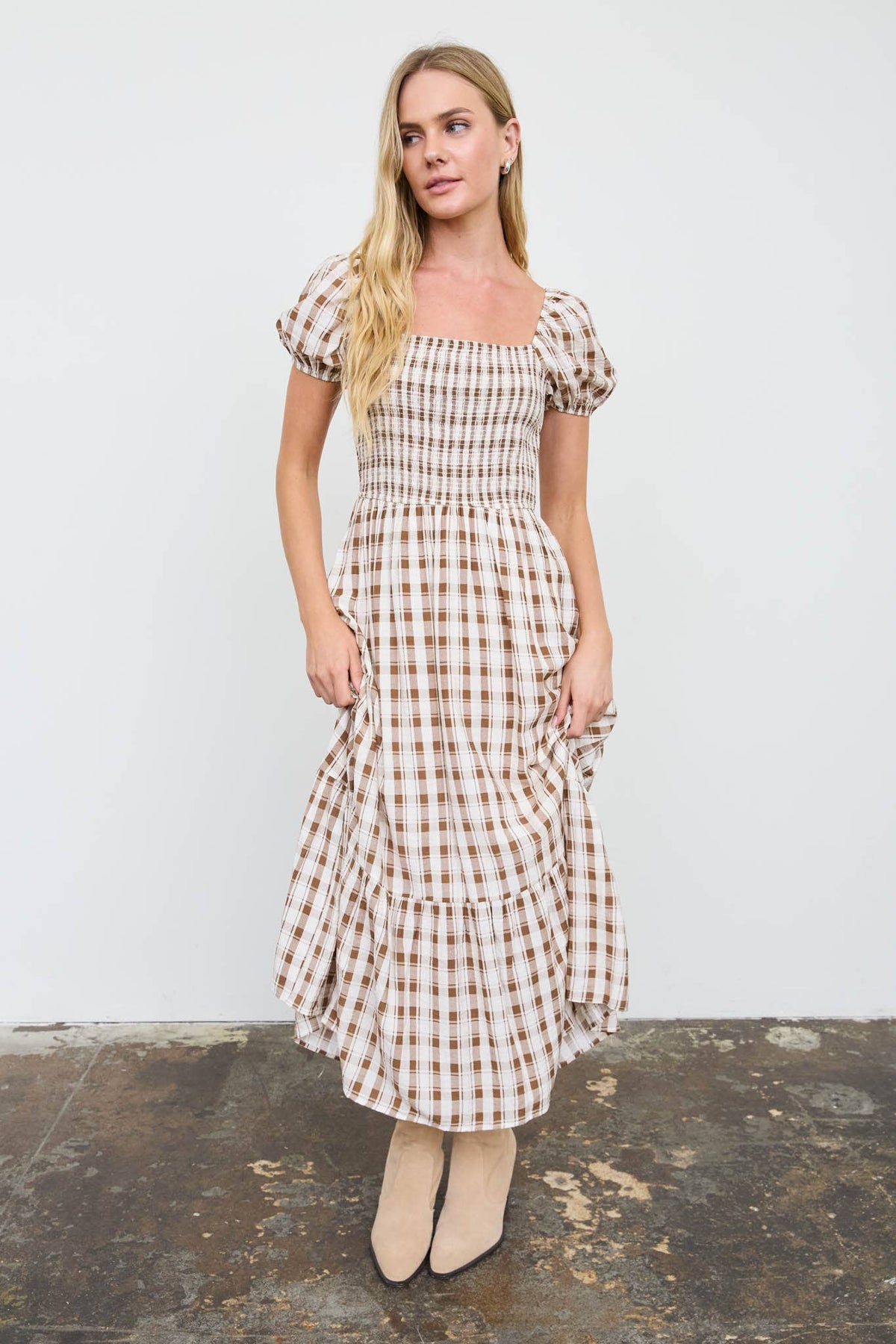 Plaid Smocked Puff Sleeve Tiered Midi Dress