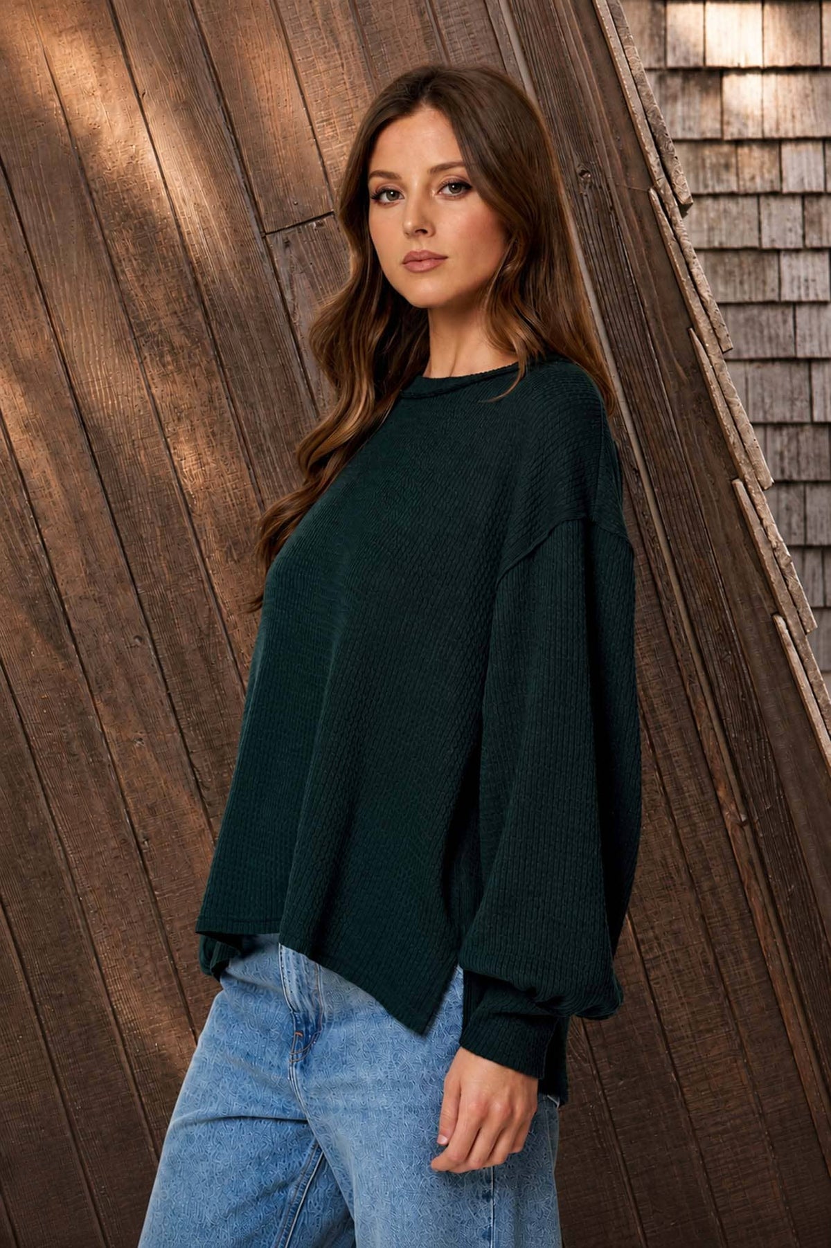 Textured Knit Long Sleeve Top- Hunter Green