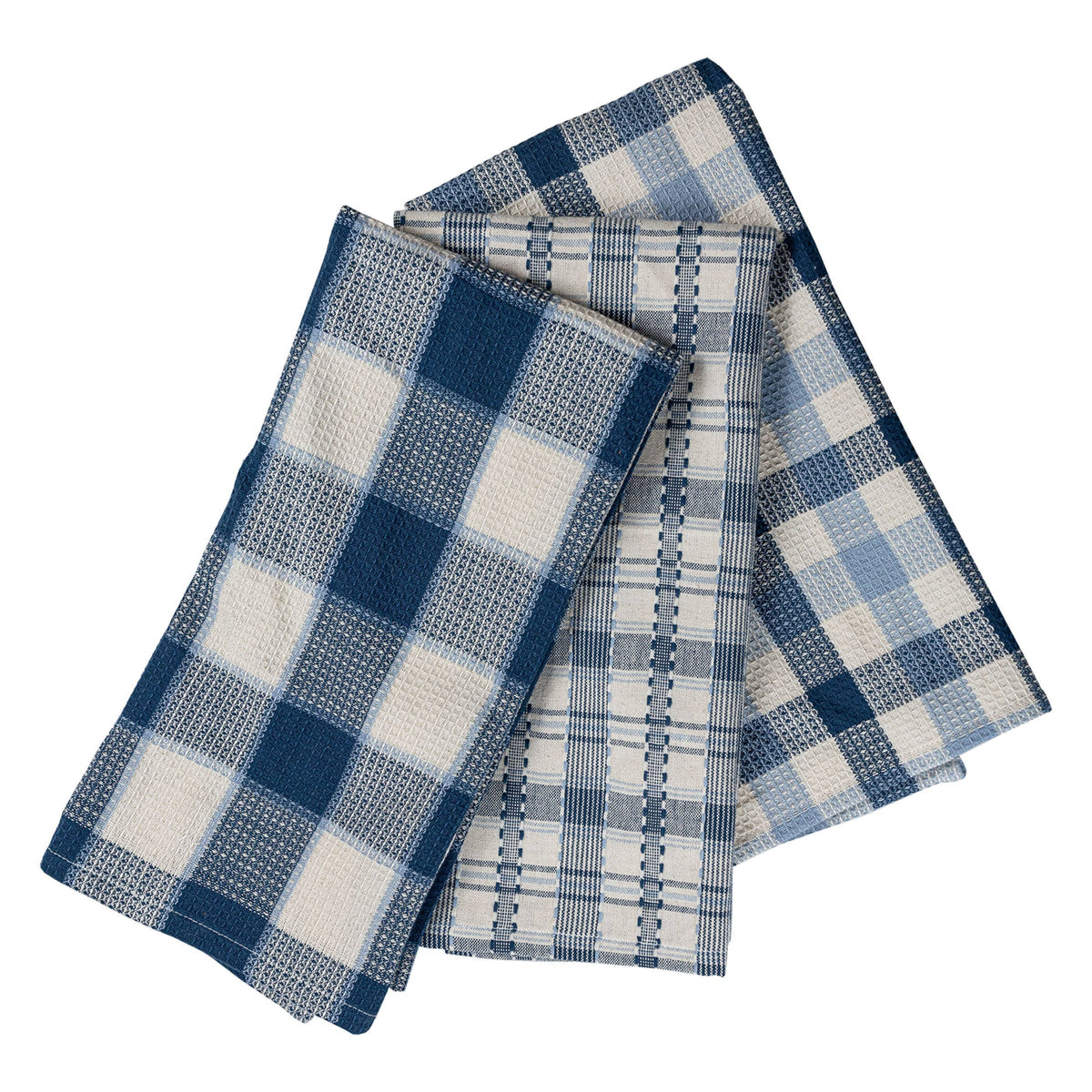 Set of 3 Navy Plaid Waffle Cotton Towels
