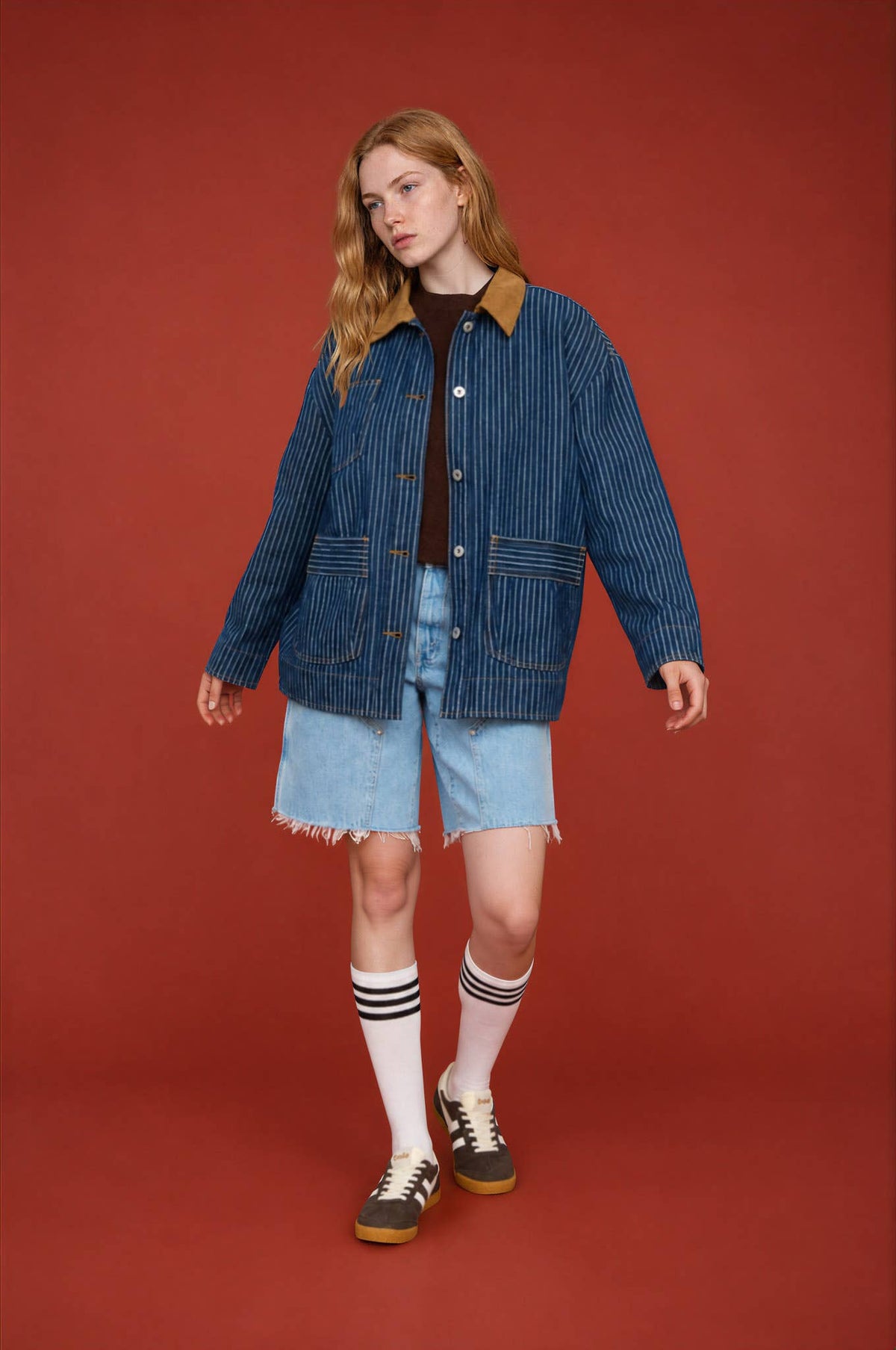 Lightweight Striped Denim Shacket with Corduroy Collar
