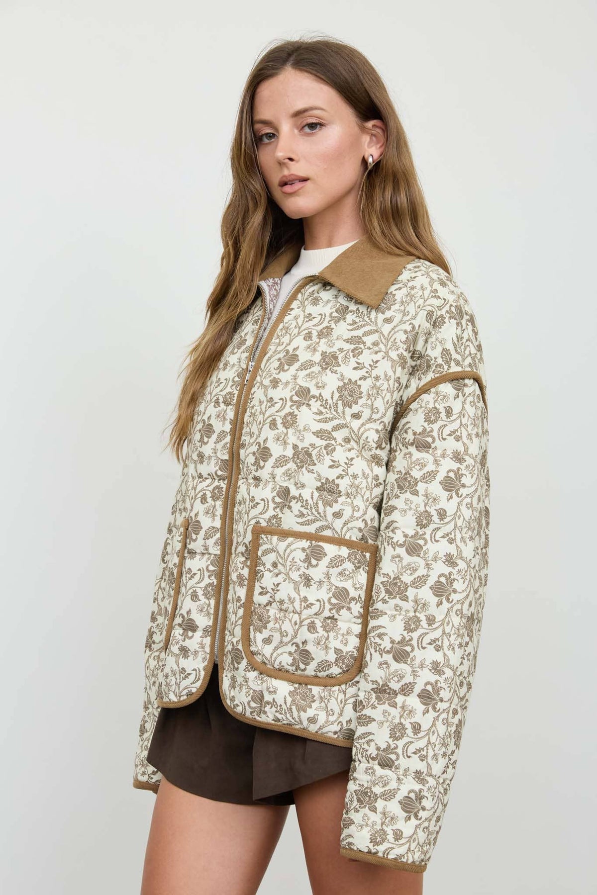 Floral Toile Collared Zip-up Quilted Jacket
