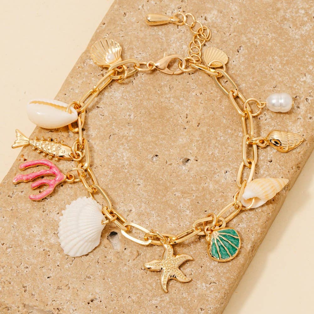 Sea Life And Pearl Charms Chain Bracelet
