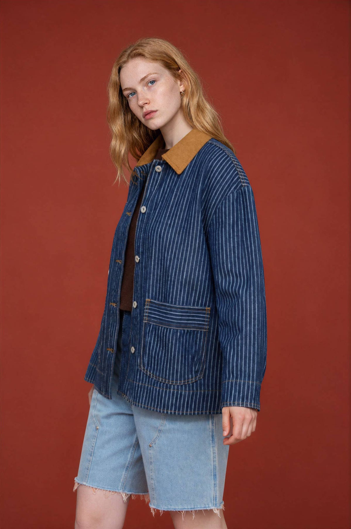 Lightweight Striped Denim Shacket with Corduroy Collar