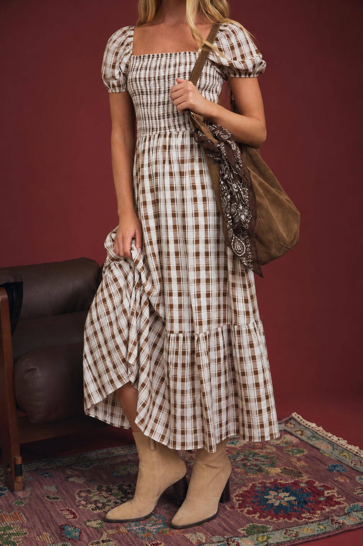 Plaid Smocked Puff Sleeve Tiered Midi Dress