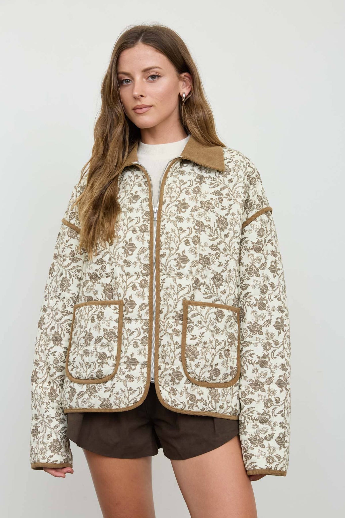 Floral Toile Collared Zip-up Quilted Jacket