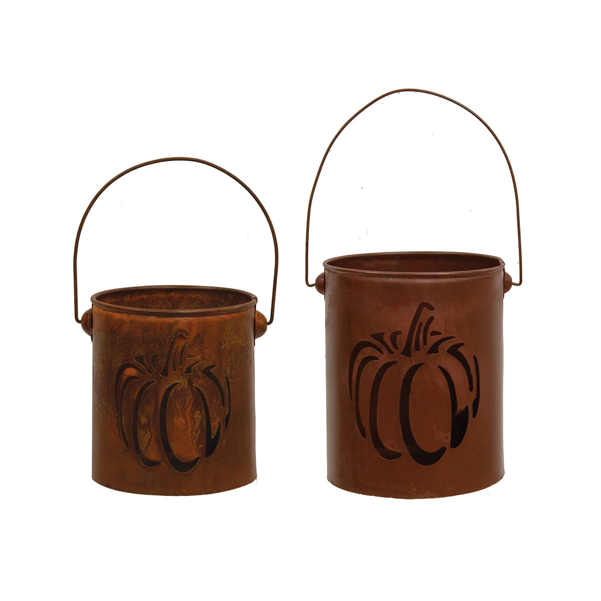 Set of 2, Rusty Metal Pumpkin Cutout Buckets