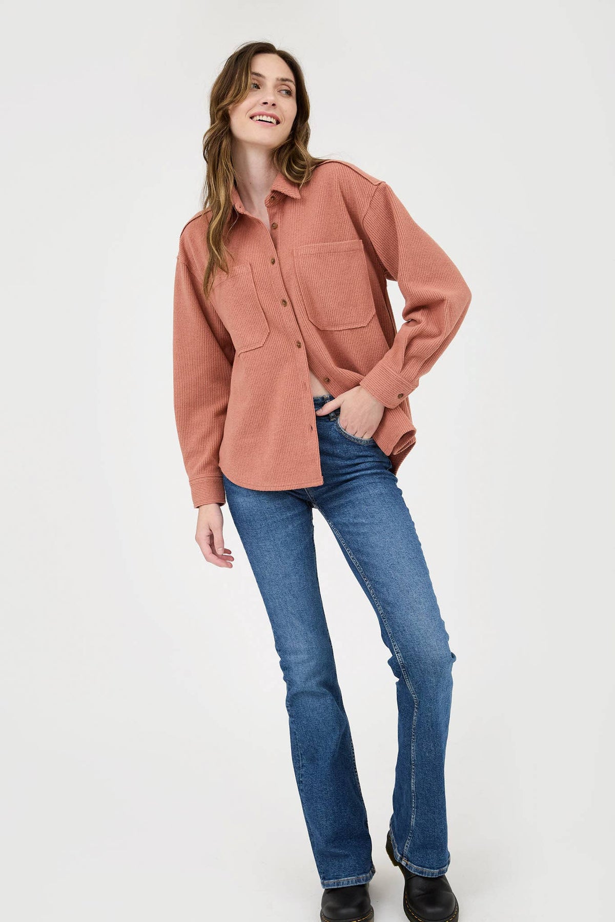 Ribbed Button-up Jacket- Terracotta