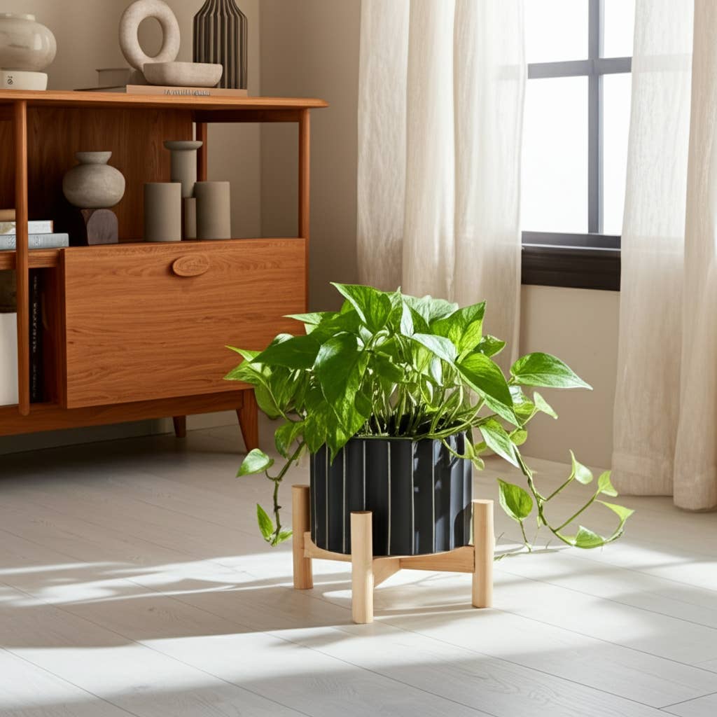 Ceramic Striped Planter Pot with Wood Stand