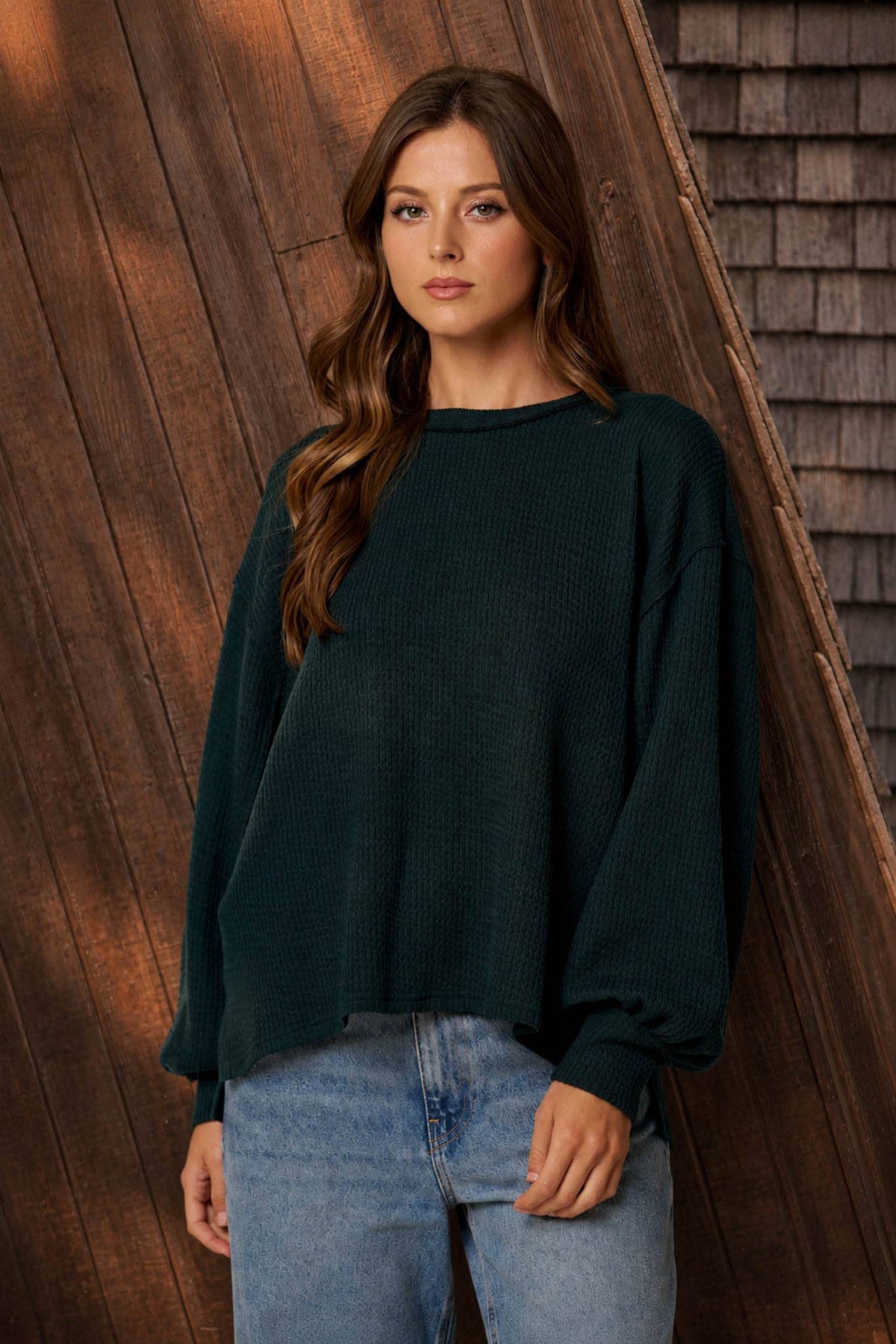 Textured Knit Long Sleeve Top- Navy