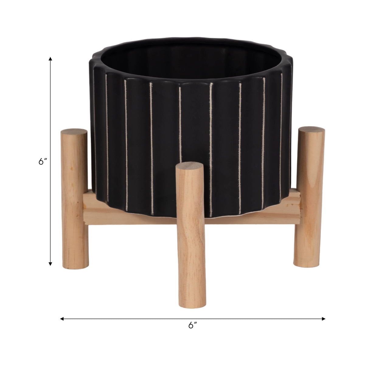 Ceramic Striped Planter Pot with Wood Stand