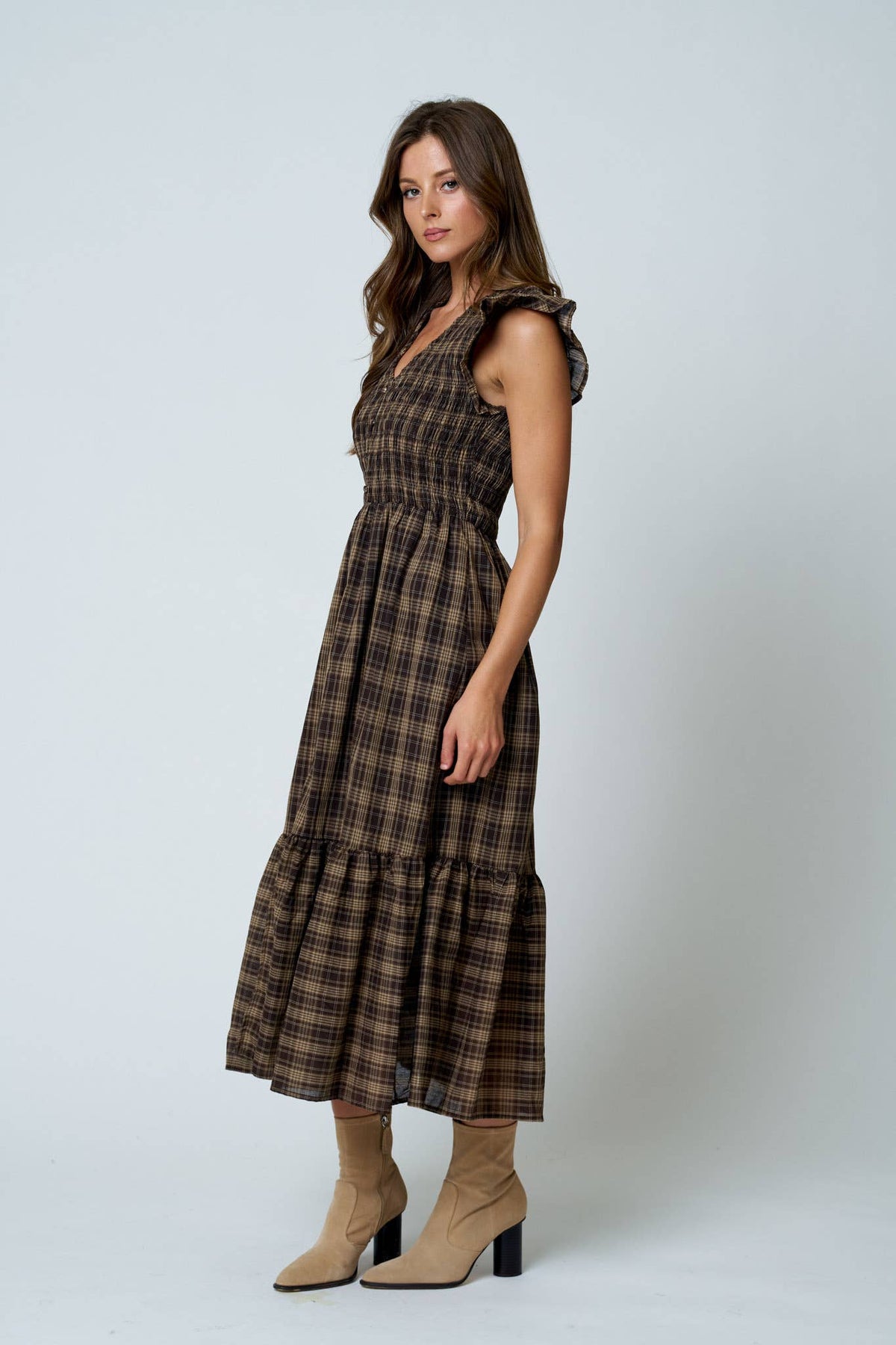 Plaid Smocked Ruffle Midi Dress