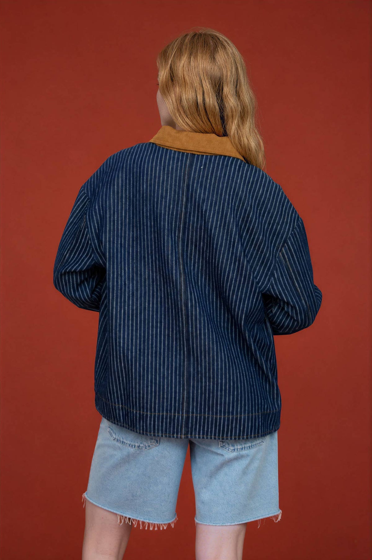 Lightweight Striped Denim Shacket with Corduroy Collar