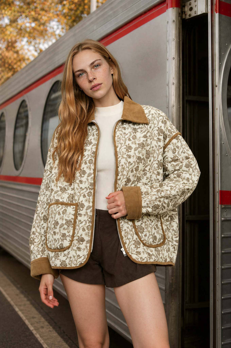 Floral Toile Collared Zip-up Quilted Jacket
