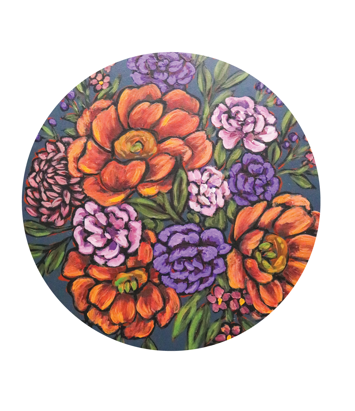 Round sticker with colorful floral design on a white background
