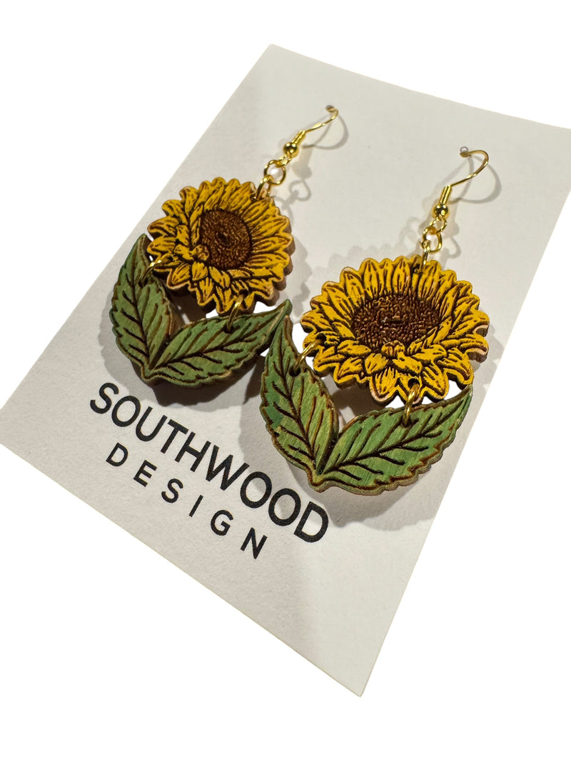 Leafy Sunflower Wood Earrings