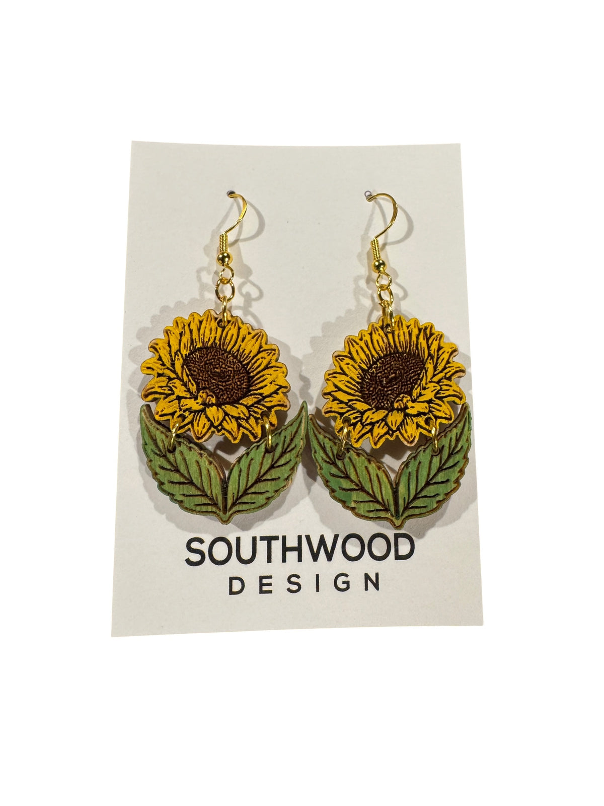 Leafy Sunflower Wood Earrings