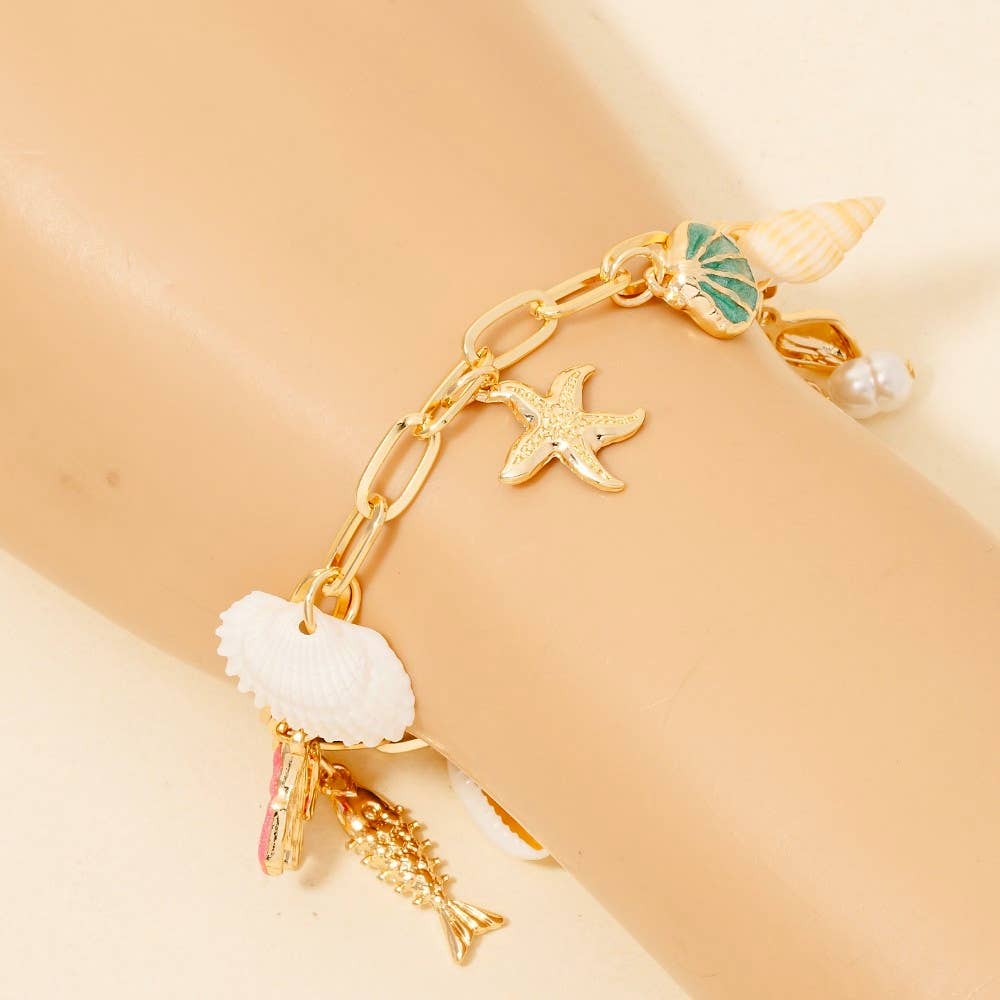 Sea Life And Pearl Charms Chain Bracelet