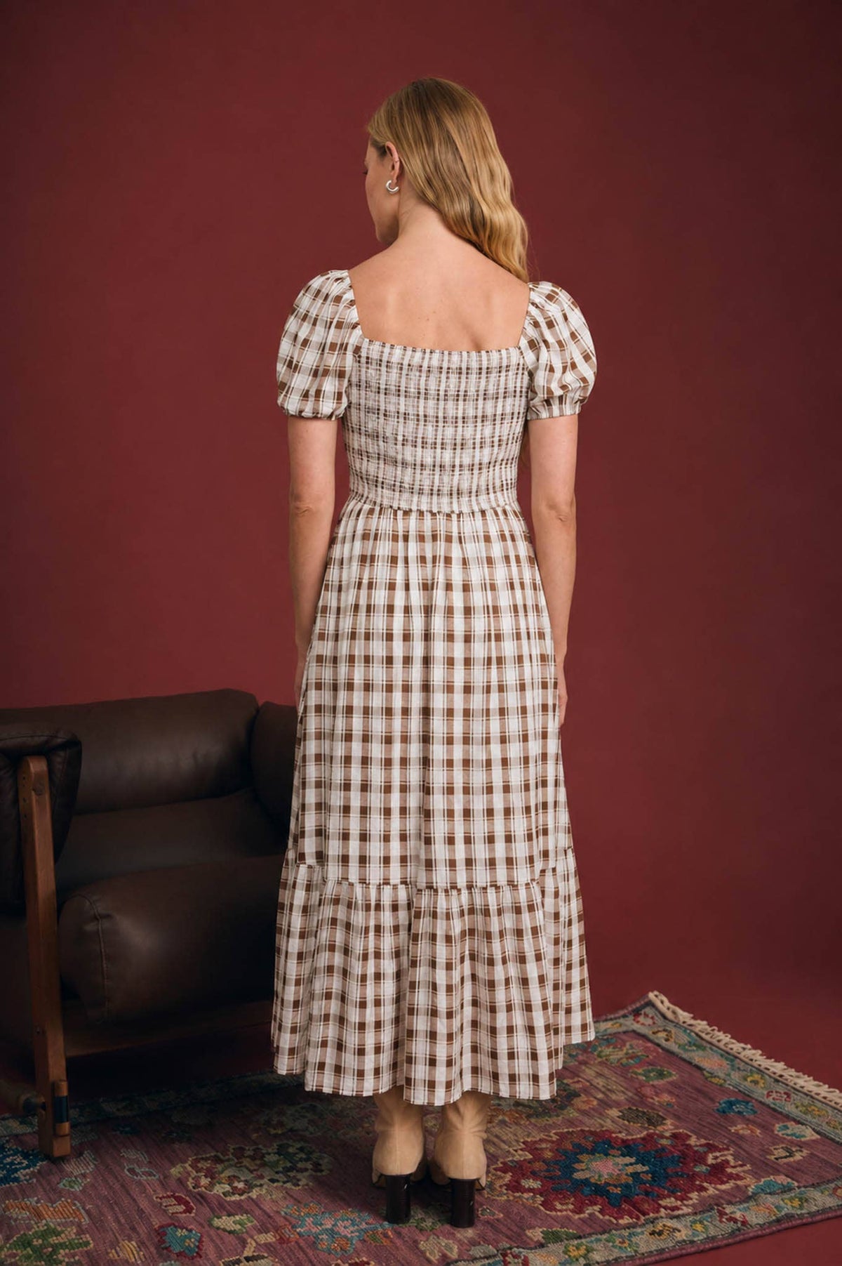 Plaid Smocked Puff Sleeve Tiered Midi Dress
