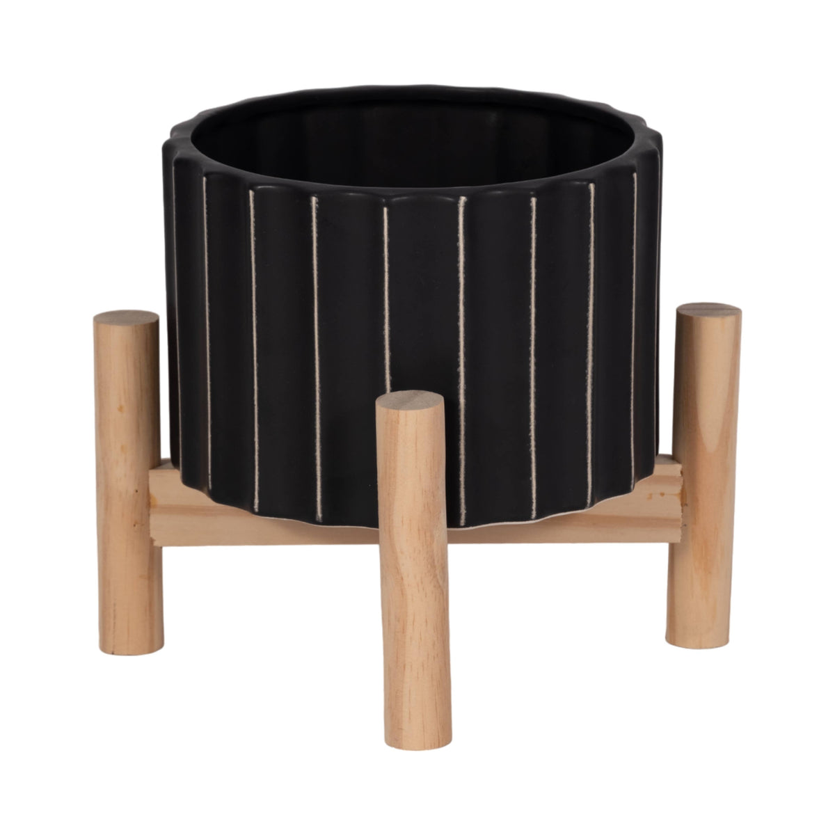 Ceramic Striped Planter Pot with Wood Stand