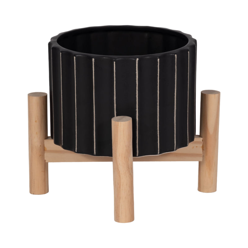 Ceramic Striped Planter Pot with Wood Stand