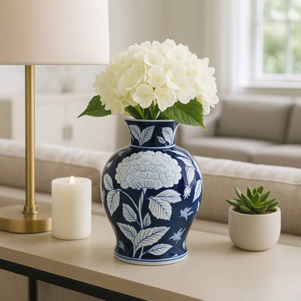 Blue Ceramic Floral Chinoiserie Vase