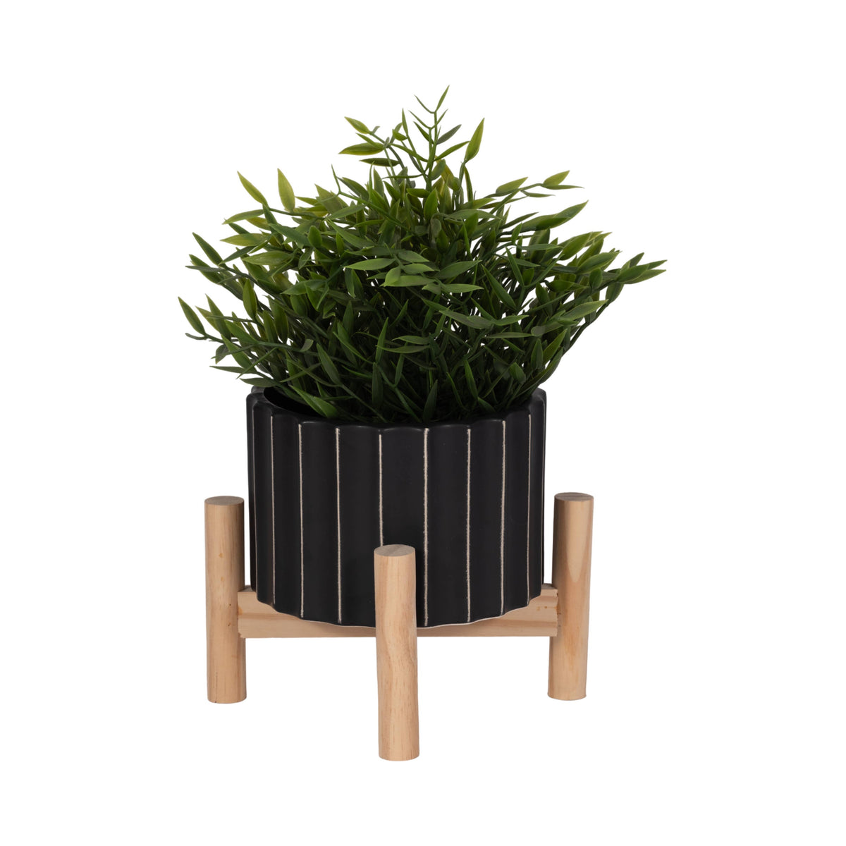 Ceramic Striped Planter Pot with Wood Stand