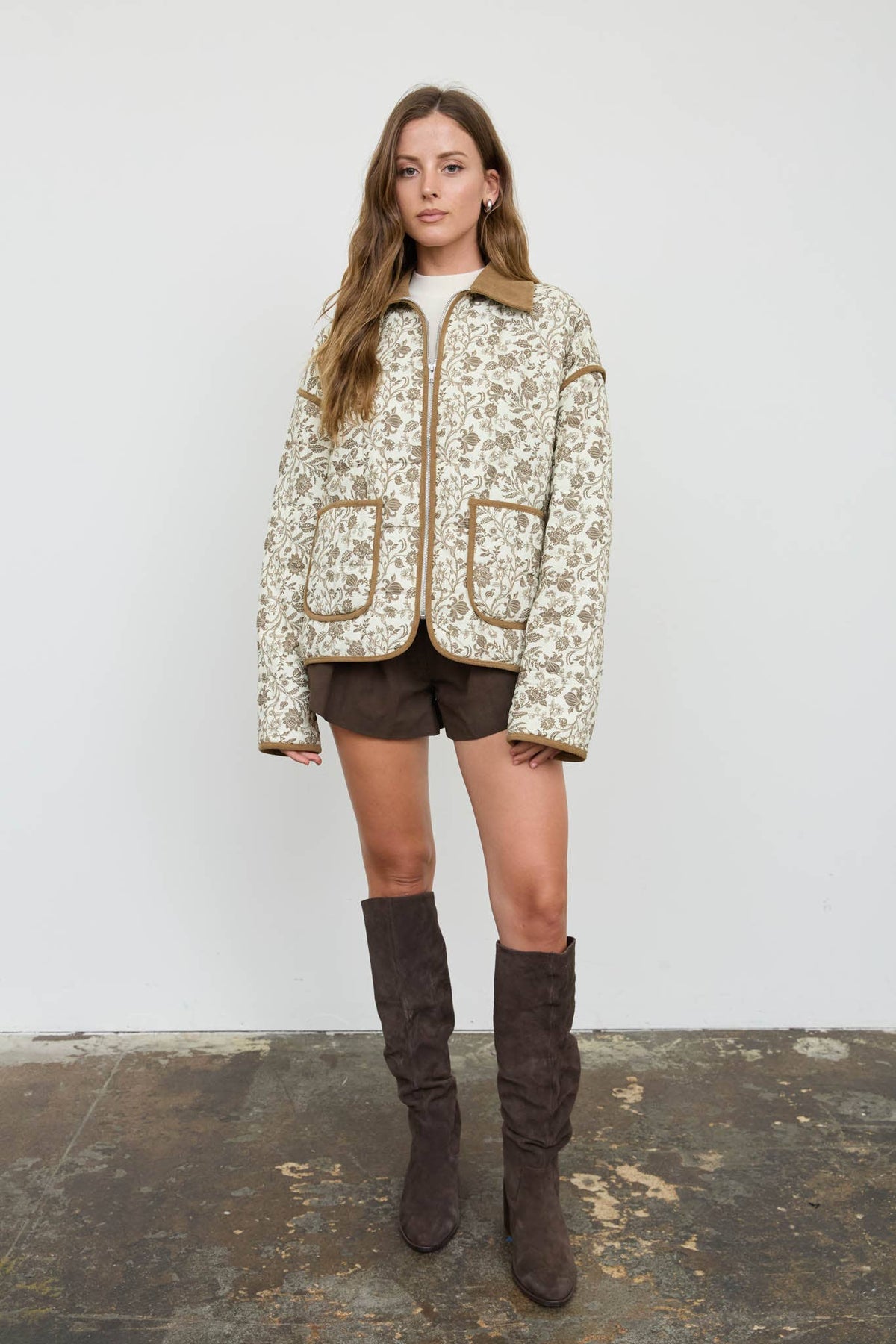 Floral Toile Collared Zip-up Quilted Jacket