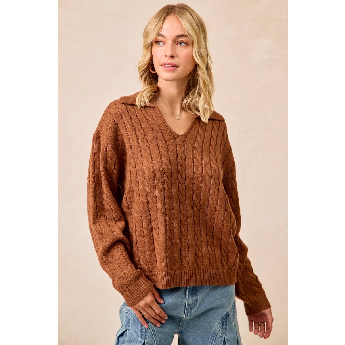 Cable Knit Sweater with Collar