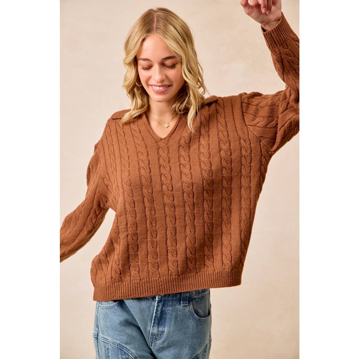 Cable Knit Sweater with Collar