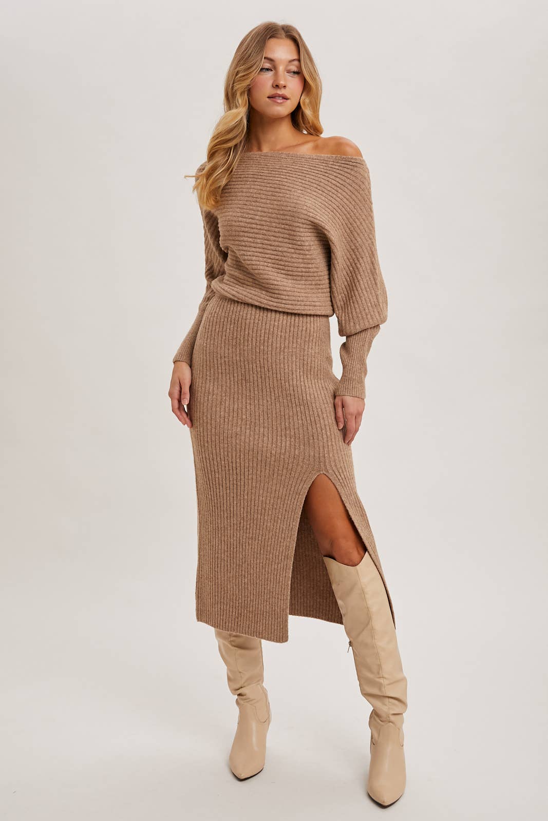Off-the-Shoulder Midi Knit Dress