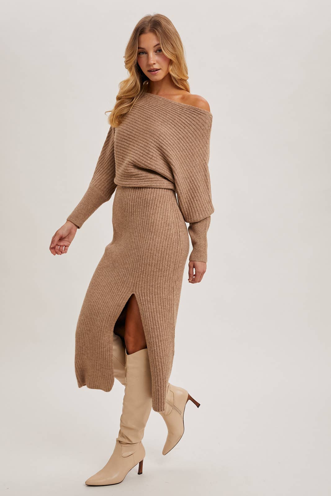 Off-the-Shoulder Midi Knit Dress
