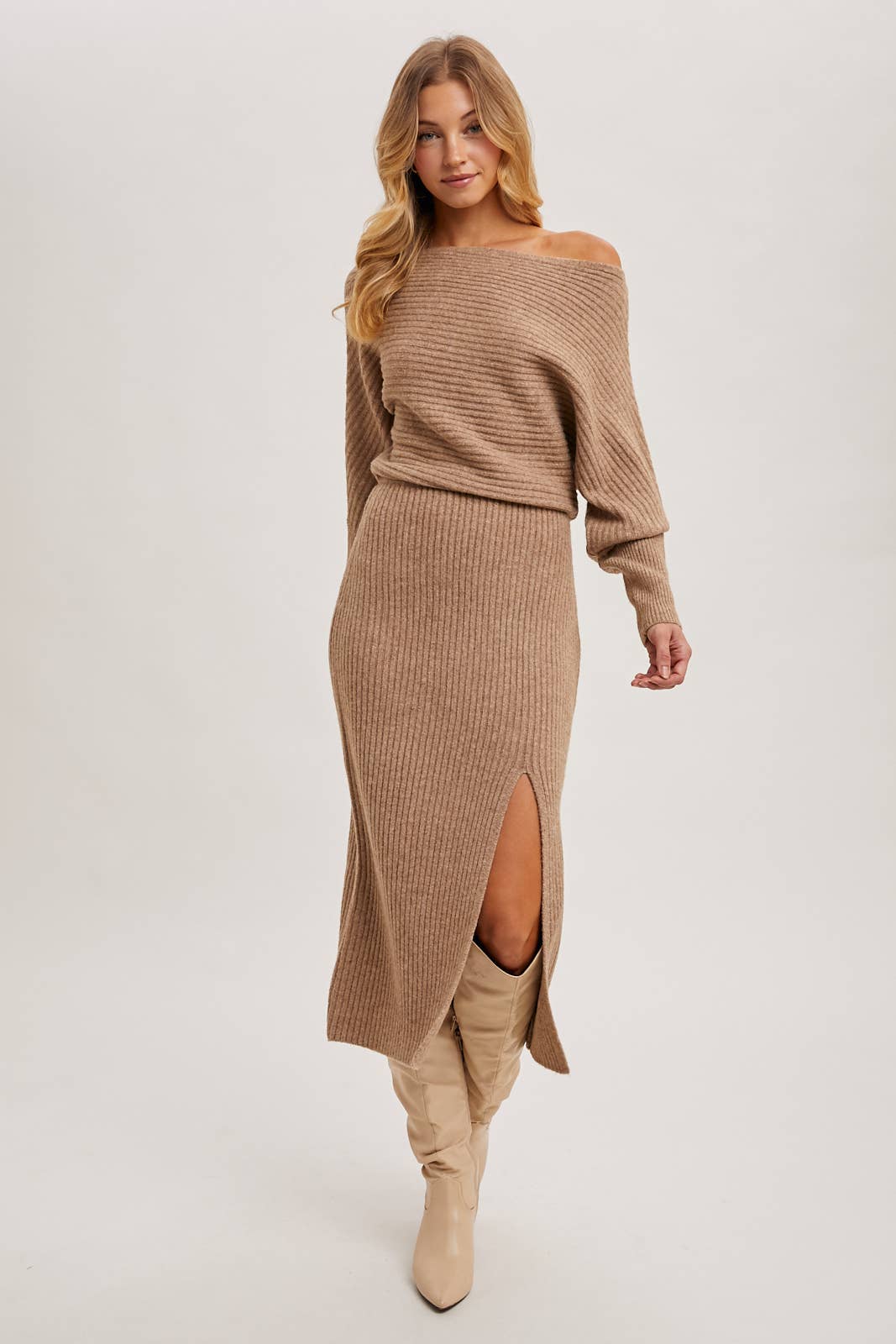 Off-the-Shoulder Midi Knit Dress