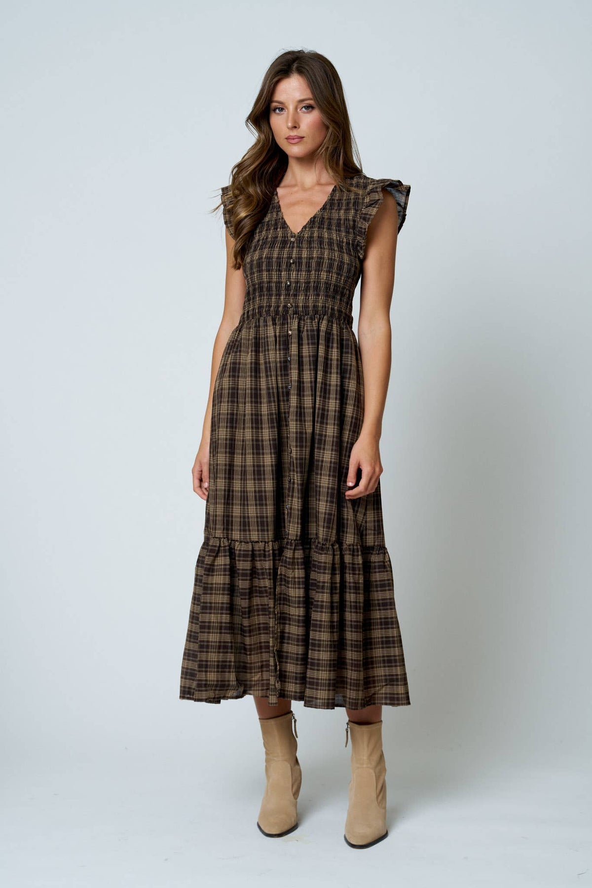 Plaid Smocked Ruffle Midi Dress