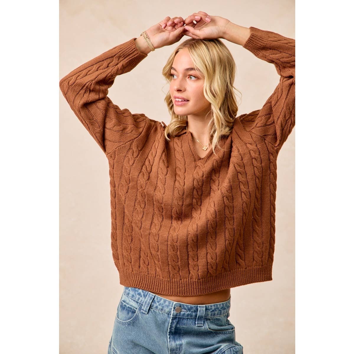 Cable Knit Sweater with Collar