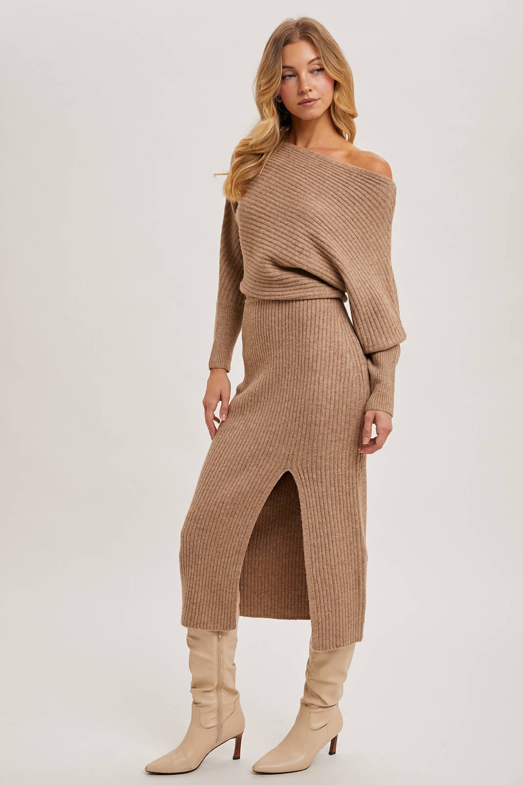 Off-the-Shoulder Midi Knit Dress