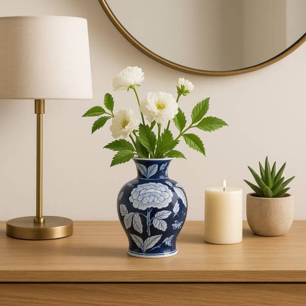 Blue Ceramic Floral Chinoiserie Vase