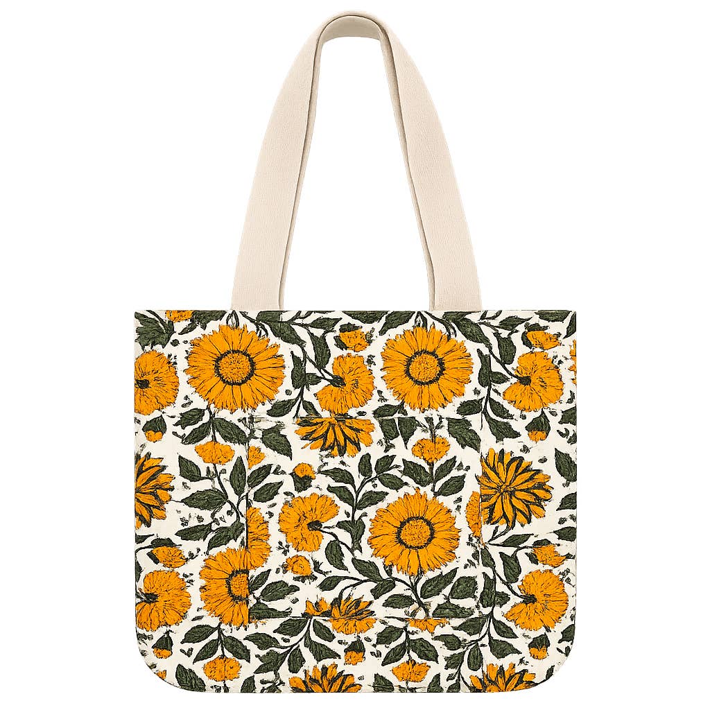 Handcrafted Block-Printed Canvas Pocket Tote Sunflower