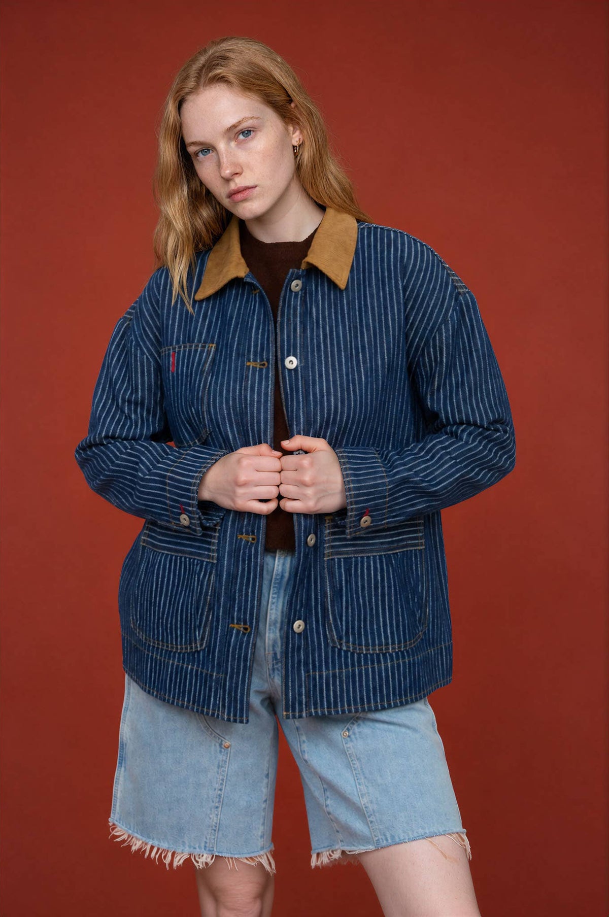 Lightweight Striped Denim Shacket with Corduroy Collar