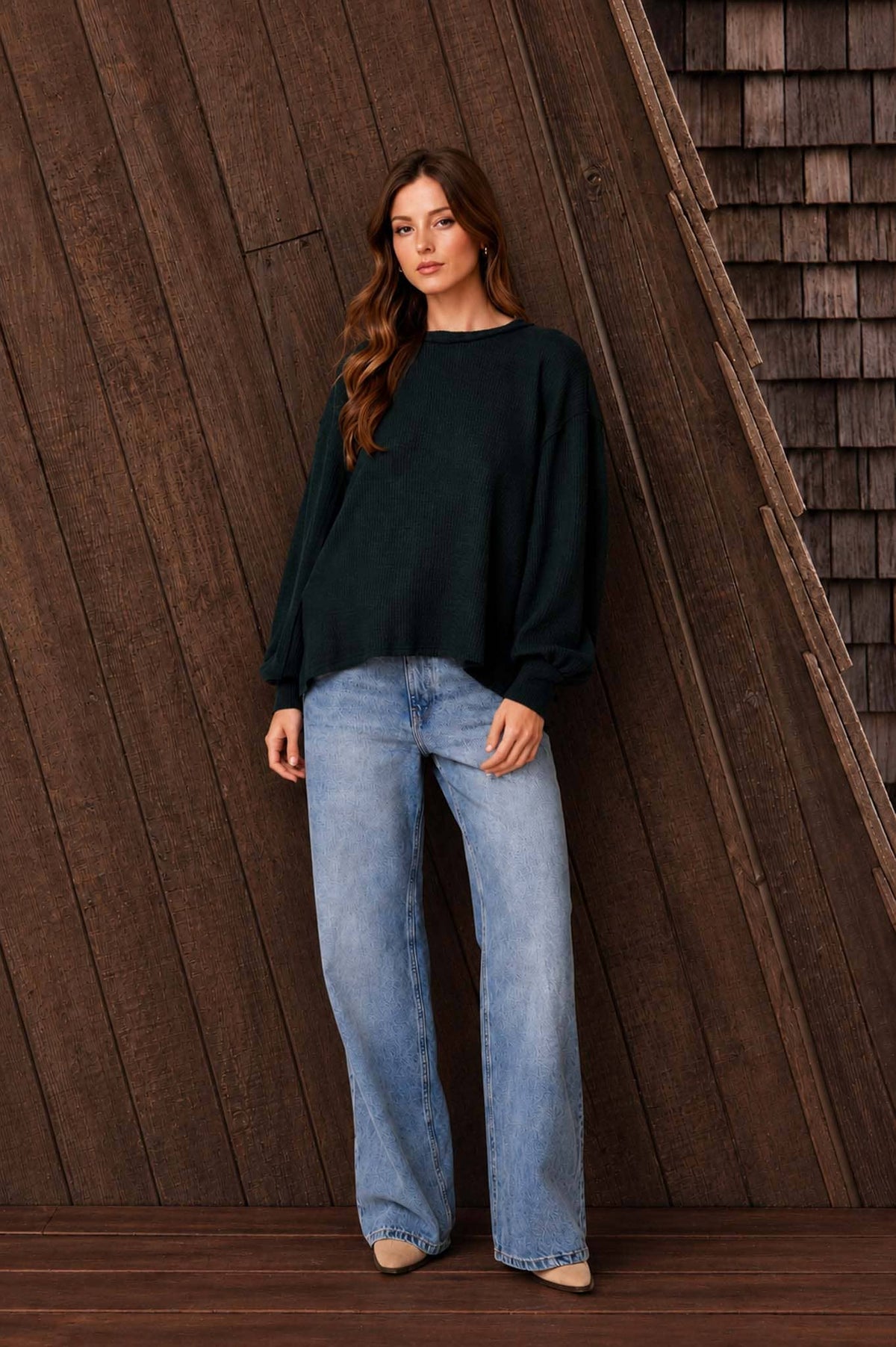 Textured Knit Long Sleeve Top- Navy